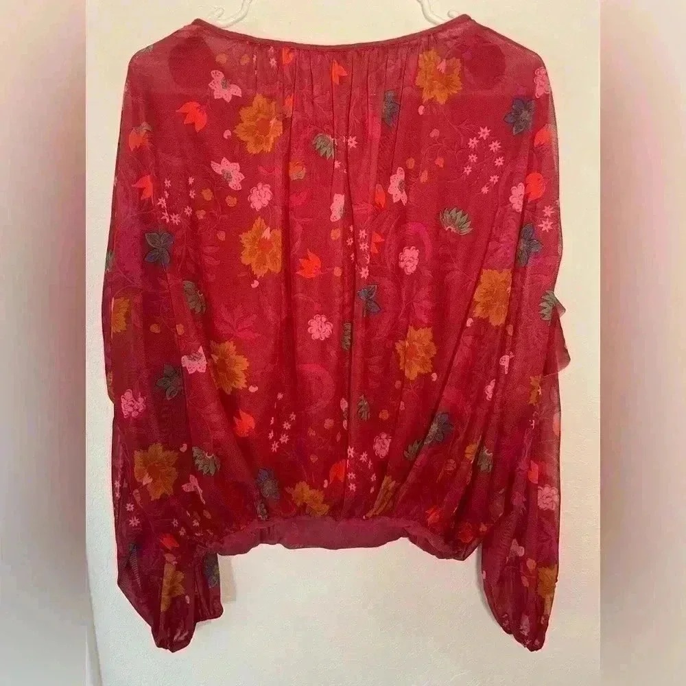 Free People Floral Print Mesh Top Ruched Balloon Sleeve Peasant Top Size Small